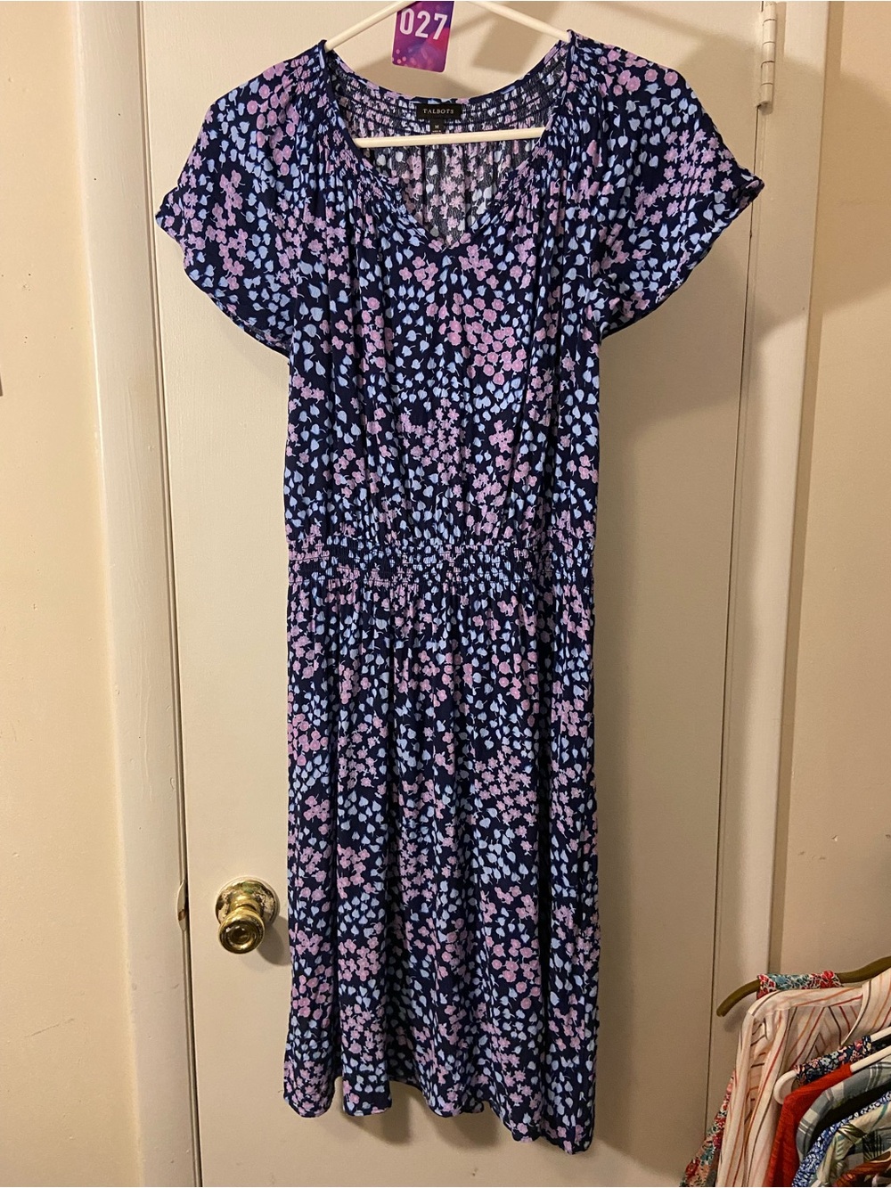 Navy Floral Midi Dress with Pink & Light Blue Petal Print